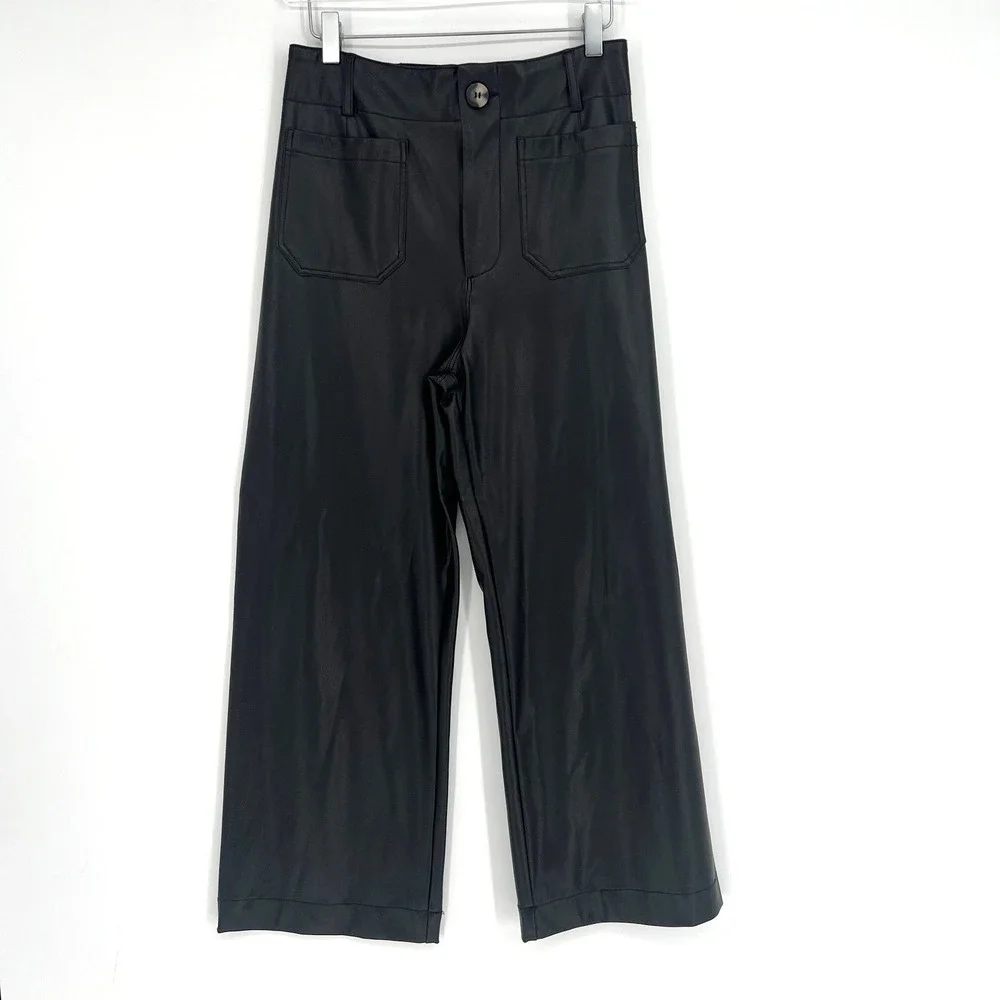 Maeve Colette Pants Women 26 Faux Leather Biker Wide Leg High Rise Anthropologie - Picture 2 of 12